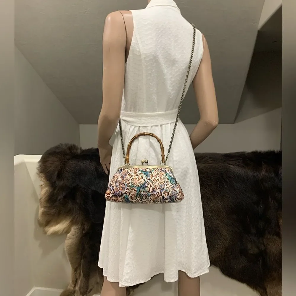 Handmade Genuine Leather Floral Embossed Real bamboo Handle Satchel/Crossbody
